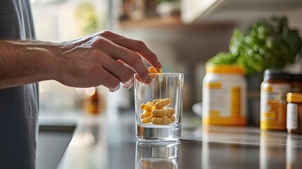 Close-up of a man's hand adding yellow capsules to a glass on a kitchen counter.