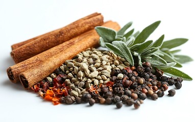 Fototapeta premium Aromatic spices cinnamon sticks, cardamom pods, black peppercorns, and sage leaves on white background.