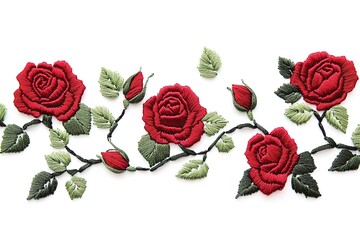 Detailed embroidered red rose border design on white background.
