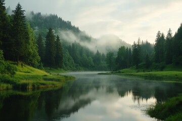 Fototapeta premium Serenity of a misty forest lake during early morning hours with reflective water and lush greenery
