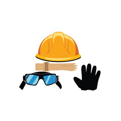 A meticulously arranged safety helmet, work gloves, and protective goggles on a workbench, emphasizing workplace safety.