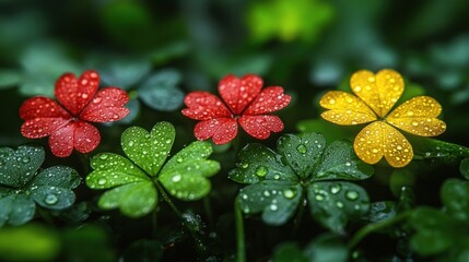 Colorful clover leaves with dew drops.