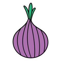 Hand drawn cartoon red onion on a white background.