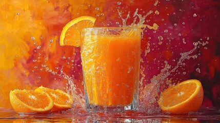 Fresh orange juice splashing in a glass with orange slices.