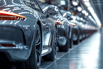 Fototapeta premium A high-definition photograph of an electric car production line in the interior, showcasing multiple cars on the assembly floor with blurred lights and reflections. 
