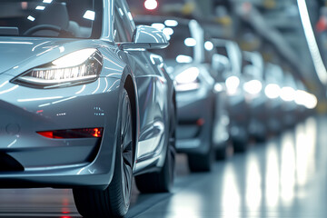 A high-definition photograph of an electric car production line in the interior, showcasing multiple cars on the assembly floor with blurred lights and reflections. 