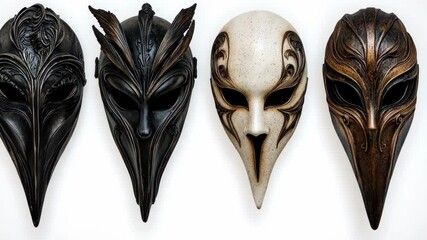 Masks displayed in a row showcasing intricate designs and styles at a local artisan market