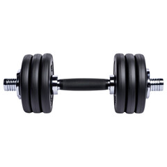 A black dumbbell with adjustable weight plates and a sturdy grip, designed for strength training and workouts, white background, transparent background.