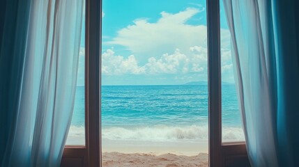 Fototapeta premium Tranquil View of Ocean Waves from Open Window with Flowing Curtains