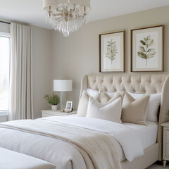 A modern bedroom with neutral tones, a white and beige velvet bed frame, grey walls, a crystal chandelier, a window with light cream curtains, large windows.
