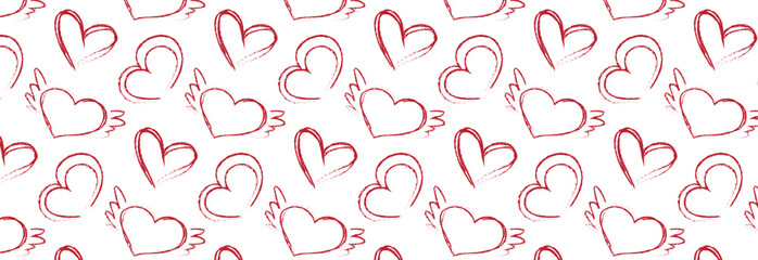 Romantic pattern of different grunge hearts. Vector seamless background of abstract hearts and heart with wings of different shapes for websites, cards, design, Valentine's day.