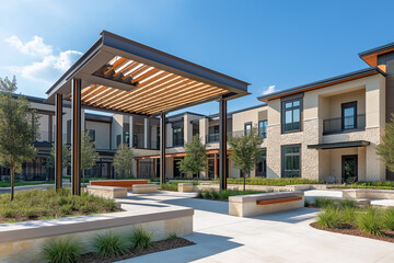 Fototapeta premium An architectural photograph of the exterior of a modern and welcoming community center with a concrete floor and architectural style.