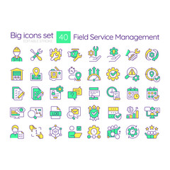 Field service management RGB color icons set. FMS system. Represent tools, gears, documents and workflows. Isolated vector illustrations. Simple filled line drawings collection. Editable stroke