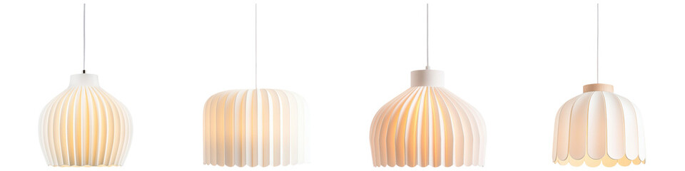 A series of elegant pendant lamps featuring various shapes and pleated designs, showcasing a modern aesthetic, white background, transparent background.