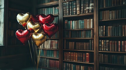 Naklejka premium Dark red and gold heart balloons hovering near a cozy corner of a rustic library filled with old books