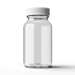 Clear glass supplement bottle, white cap, no label