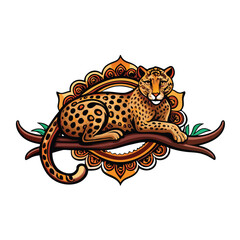 A sleek black leopard, elegantly lounging on a thick, intricately textured tree branch, amidst lush green foliage.