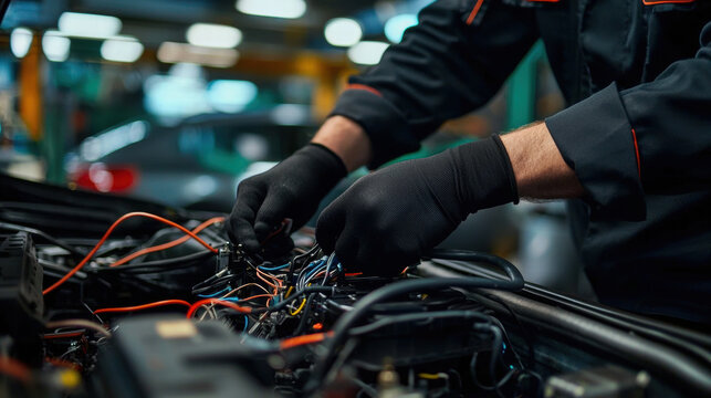 Mechanics repair engine testing. Mechanic working on car wiring in a garage environment.