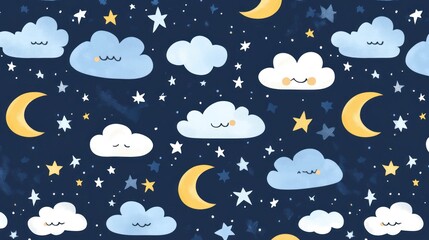 Cute cartoon clouds, stars, and crescent moons on a dark blue night sky background.