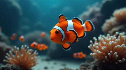 Clownfish living in coral reefs in the sea