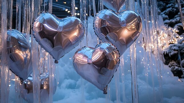 Glittering silver heart balloons suspended near a shimmering ice sculpture in a winter festival setting