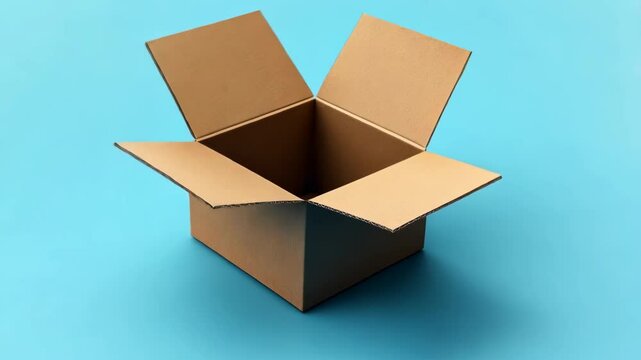Empty cardboard box on a blue background showcases simplicity and versatility for packaging solutions and creative uses