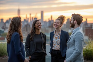 Naklejka na ściany i meble Four young professionals enjoy sunset cityscape views during a rooftop conversation, showcasing success and camaraderie.