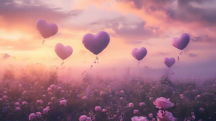 Obraz premium Heart-shaped balloons in pastel tones of lavender and peach, flying over a dreamy meadow filled with blooming roses