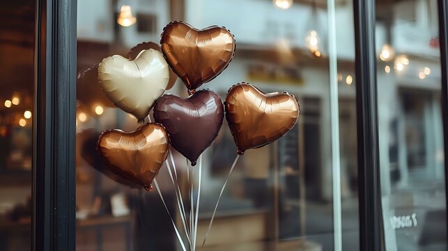 Heart balloons in rich chocolate and cream shades, arranged near a quaint coffee shop window with frosted glass - Powered by Adobe