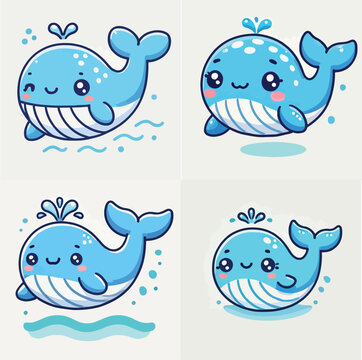 Cute blue whale spraying water vector illustration in kawaii cartoon style