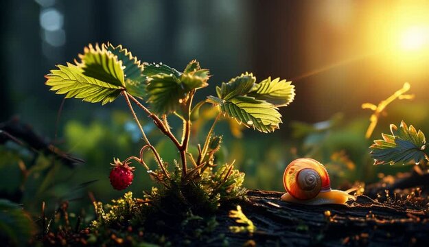 macro world, little snail slowly crawls in forest, in sun rays, bush of ripe wild strawberry.