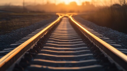Two train tracks diverge at sunset, symbolizing choices and paths ahead.