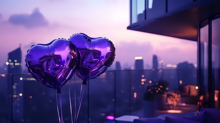 Metallic purple and silver heart balloons glowing softly near a modern rooftop terrace overlooking a city at night