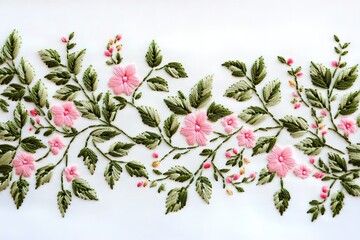 Fototapeta premium Delicate embroidered floral pattern on white fabric