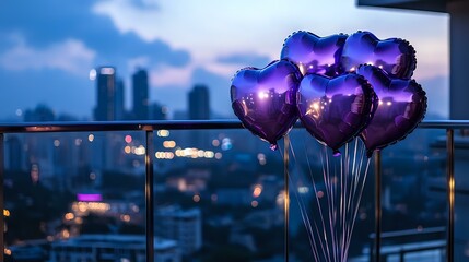 Metallic purple and silver heart balloons glowing softly near a modern rooftop terrace overlooking a city at night