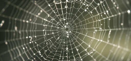 Intricate spiderweb glistening with morning dew, silken threads radiating from center, damp, radial, fall