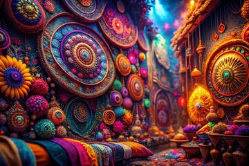 Fototapeta premium Abstract Boho Colorful Background, Low Light Photography, Vibrant Hues, Psychedelic Art, Bohemian Wallpaper, Colorful Texture