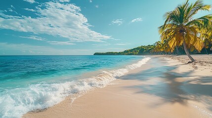 Pristine Golden Beach with Turquoise Waves Palm Tree Shadows and Serene Ambiance