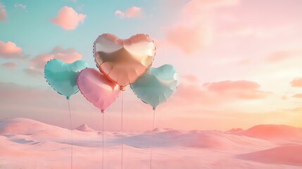 Fototapeta premium Rose gold and teal heart balloons rising over a desert landscape with soft pastel skies and gentle dunes