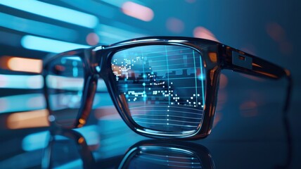 A close-up of stylish glasses reflecting digital data, showcasing a futuristic and tech-savvy aesthetic with vibrant blue and orange hues.