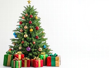 A vibrant green Christmas tree adorned with classic ornaments and large gift boxes wrapped in colorful paper placed below on a pure white backdrop