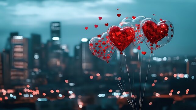Transparent heart balloons with red confetti inside, floating over a sparkling city skyline at night - Powered by Adobe