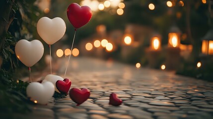 White and crimson heart balloons scattered along a cobblestone pathway lined with glowing lanterns