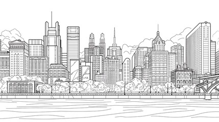 Minimalist black and white line drawing of a city skyline, showcasing iconic buildings and structures in a clean, artistic style for a modern backdrop
