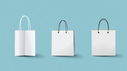 Set of white paper shopping bags with handles, isolated on a blue background