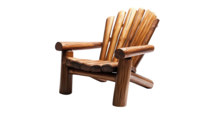Rustic wooden chair crafted from natural logs displayed on a transparent background for design purposes.