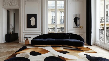 A sophisticated living room featuring a curved black sofa, patterned rug, and elegant decor with large windows letting in natural light.