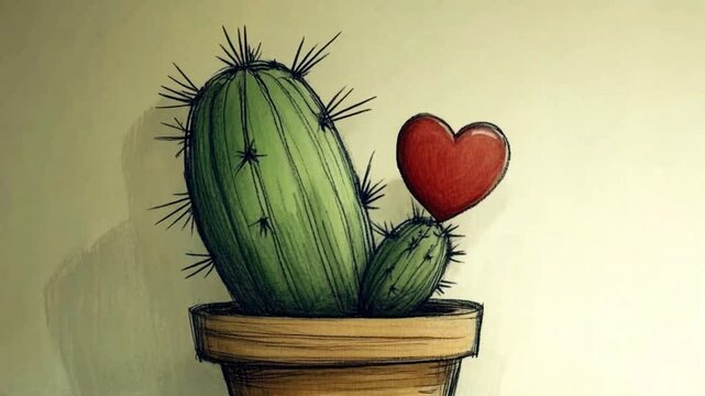 Hand-drawn cactus in a pot with a heart shape on beige background, valentine's day, video