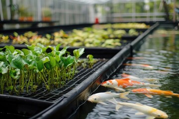 Naklejka premium Colorful Koi Fish Swimming in a Greenhouse Pond