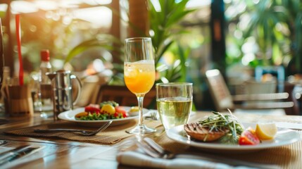Elegant outdoor dining table with glasses and plates